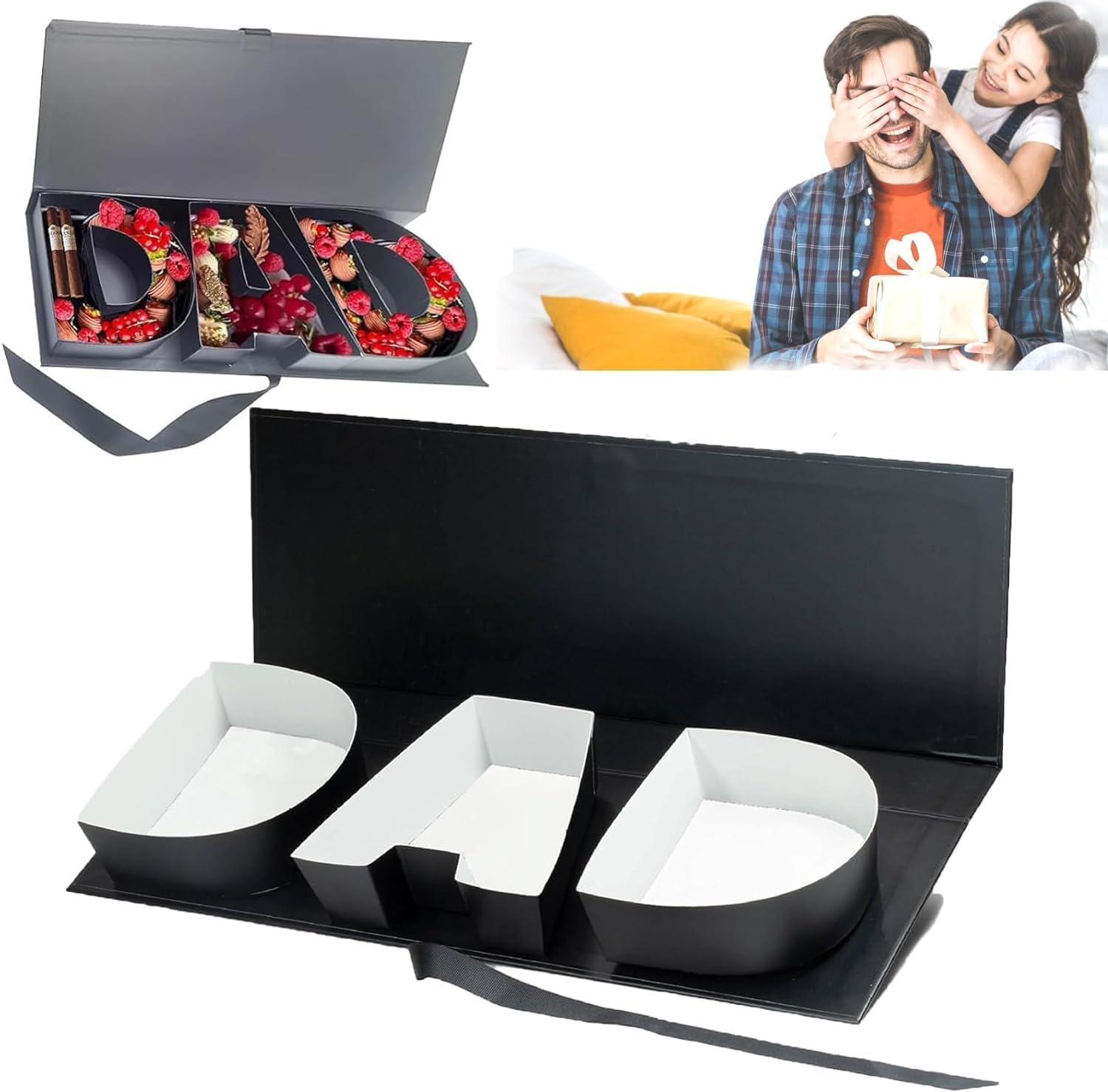 Empty Dad Box, Letter Shaped Empty Flower Gift Box, Fillable Paper Packaging Box for Father's Day Gift, Dad Gift Box Empty, Cardboard Letters for Charcuterie, Dad Boxes for Fathers Day (Black-A)