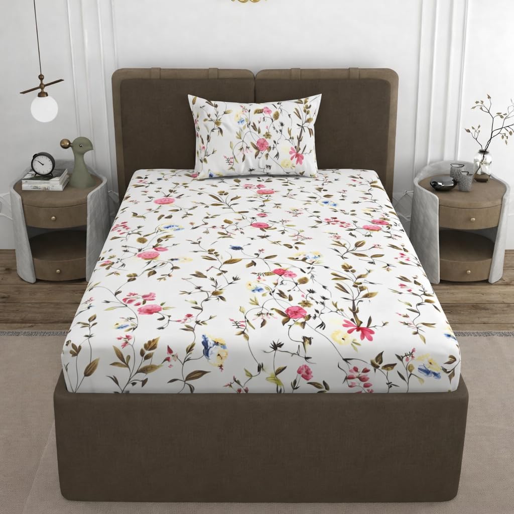 VOMZER Premium 320 TC Fitted Bed Sheet with Full Elastic - Deep Pocket Design - Wrinkle Resistant Fitted Bedsheet 36x72 Single White