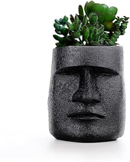 Easter Island Moai Head Succulent Planter Pot, Human Face Flower Pot for Desktop Home Decor, Cool Moai Figurines Pen and Brush Holder, Black