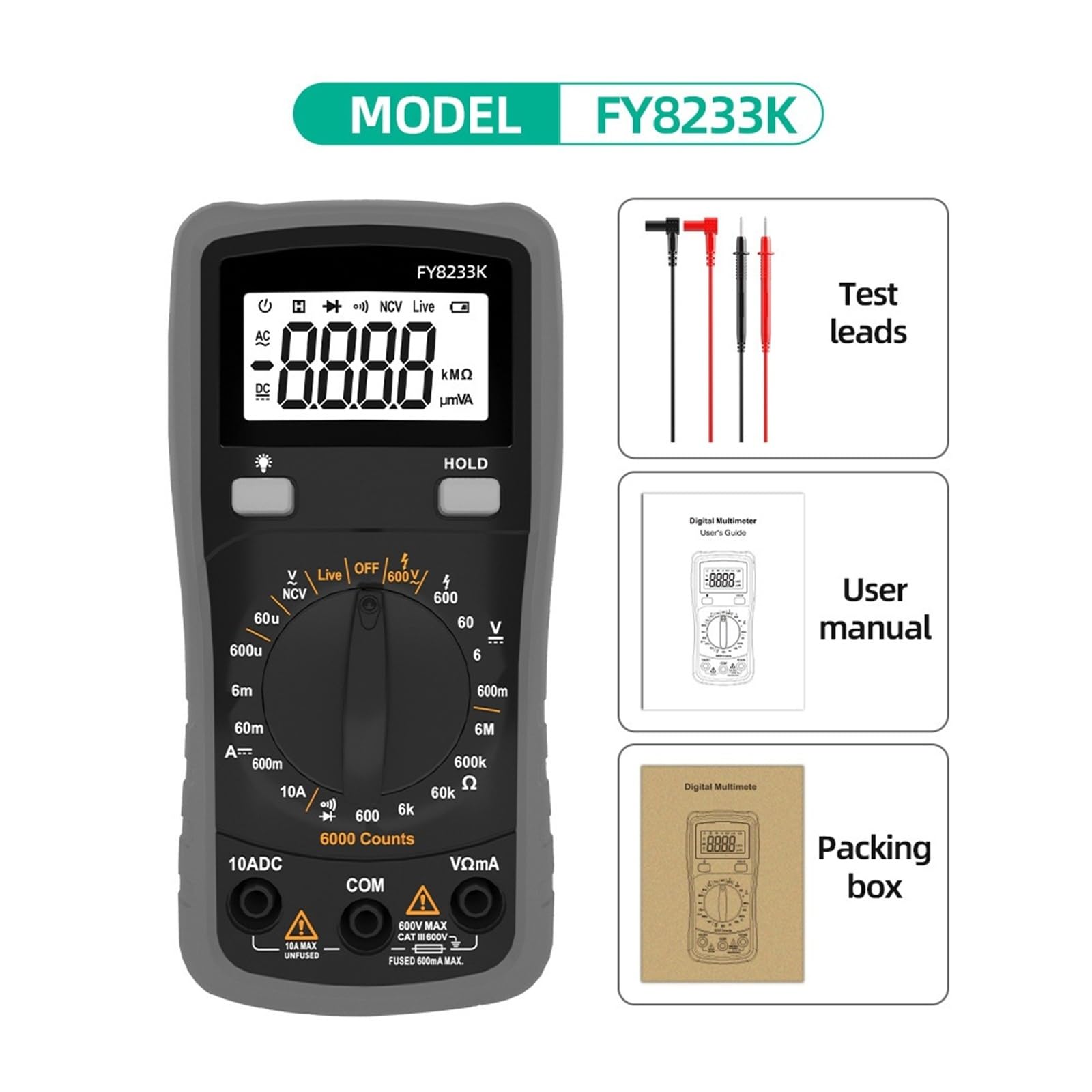 Multimetro digitale 6000 conta la capacità reale 20 A/2000 V CA/CC for elettricisti, uso solare fotovoltaico industriale | Digital Multimeter(FY8233K)