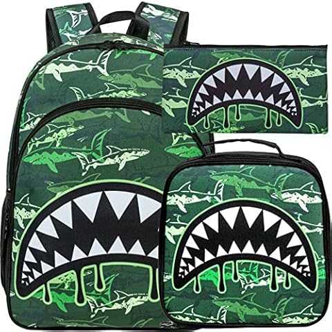 3PCS Shark Backpack Boys, 16" Preschool Bookbag and Lunch Box Cover