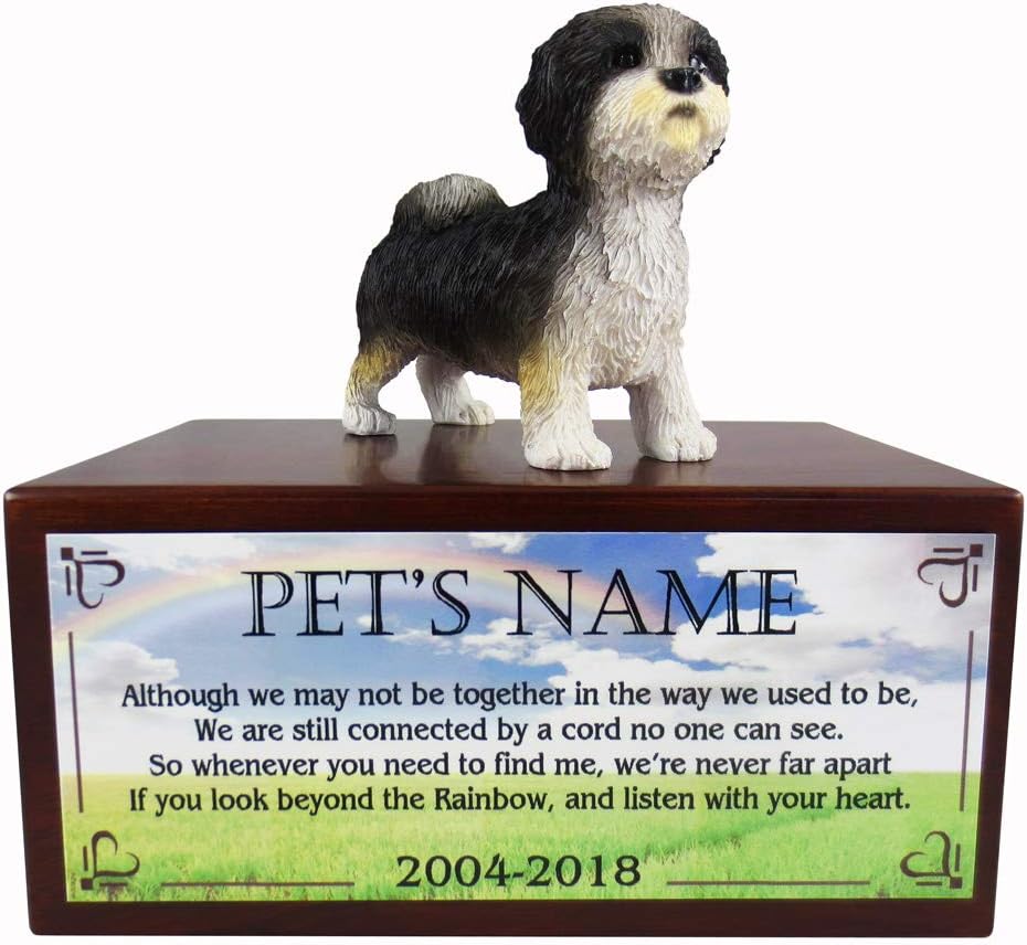 Conversation Concepts Beautiful Paulownia Small Wooden Urn with Shih Tzu Black and White Puppy Cut Figurine & Personalized Poem Beyond The Rainbow