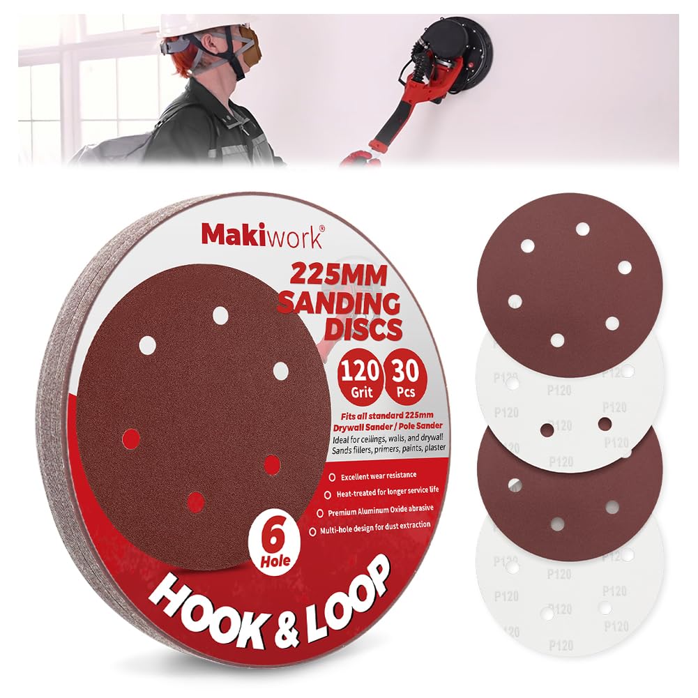 Makiwork 30PCS 225mm 6-Hole 120 Grit Hook & Loop Sanding Discs – Heavy-Duty Aluminum Oxide Sandpaper for Drywall Sander, Paint Removal, Wood & Metal Surface Prep