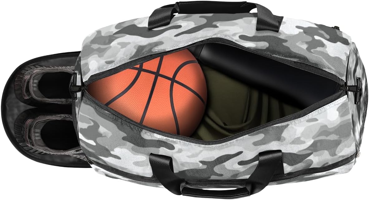 Camo Light Grey Pattern Travel Duffel Bag Sports Tote Gym Bag with Wet Pocket & Shoes Compartment Foldable Weekender Workout Bags Carry on Luggage Handle Overnight Bags for Women