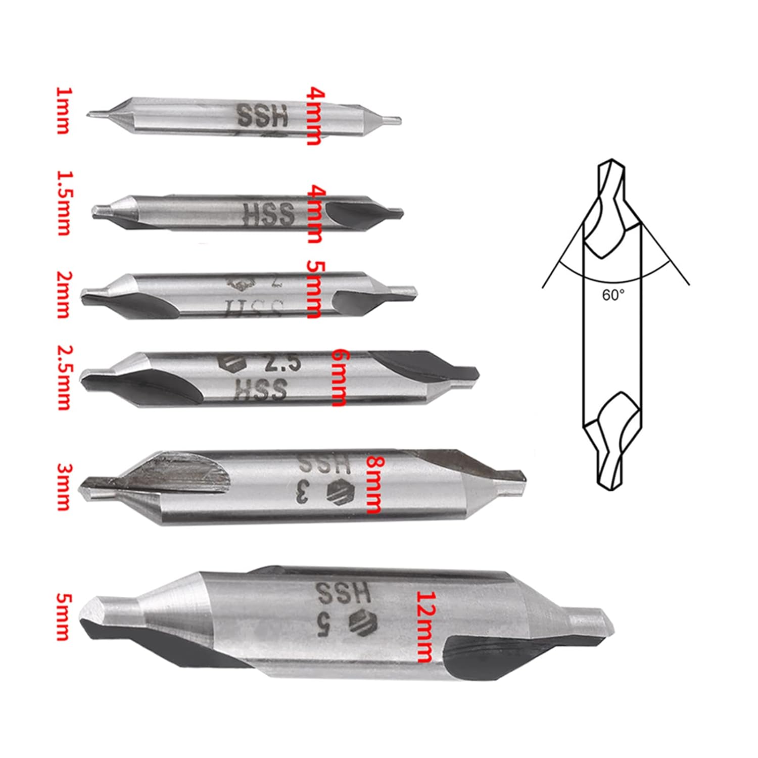 12Pcs Center Drill Bits, 60 Degree Hss Center Drill Bits Set,Sharp and, Accurate Positioning, Cutting Clear,1/1.5/2/2.5/3/5mm, Countersink Tools for Lathe Metalworking, Wholesale Business