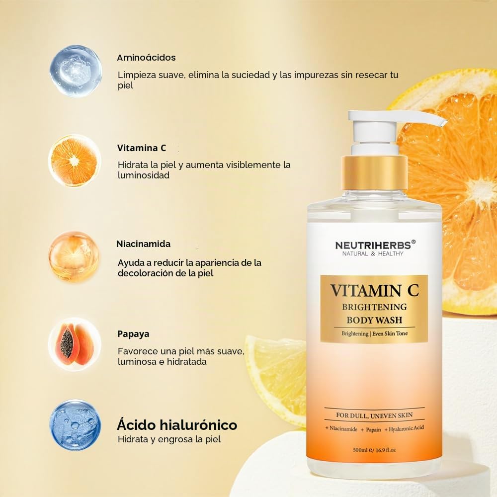 Neutriherbs Brightening Body Wash for Dull,Uneven Skin, Vitamin C Brightening Shower Gel For Women And Men, Daily Shower Soap With Papain, Niacinamide - Citrus Scent 16.9 Fl.Oz | Daily Shower Soap for Women and Men Enriched Papain, Niacinamide, Fresh Citr