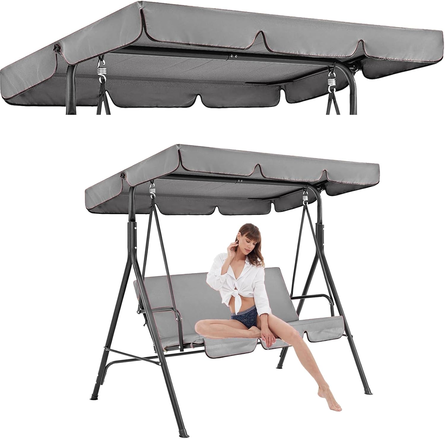 2024 New Swing Chair Canopy Replacement, Outdoor Patio Swing Replacement top 2 and 3 Seater Waterproof Windproof Anti-UV, Heavy Duty Rip Proof Hammock Top Outdoor Swing Covers (Grey, 98x73x7inch)