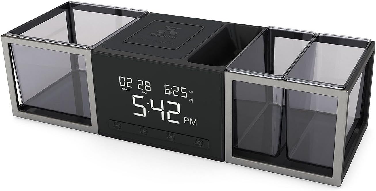AtomiExec Connect Desktop Organizer and Charger - Black, Wireless Charger, Dual USB Ports, Digital Clock and Calendar