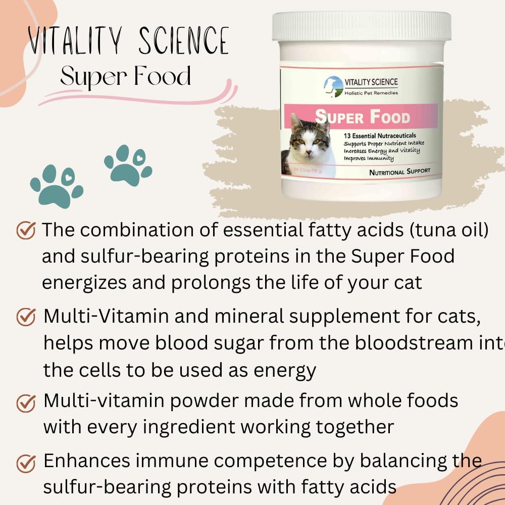 Vitality Science Super Food for Cats | High Potency Multi-Vitamin and Mineral Supplement | Increases Energy and Vitality | 100% Natural (98g)