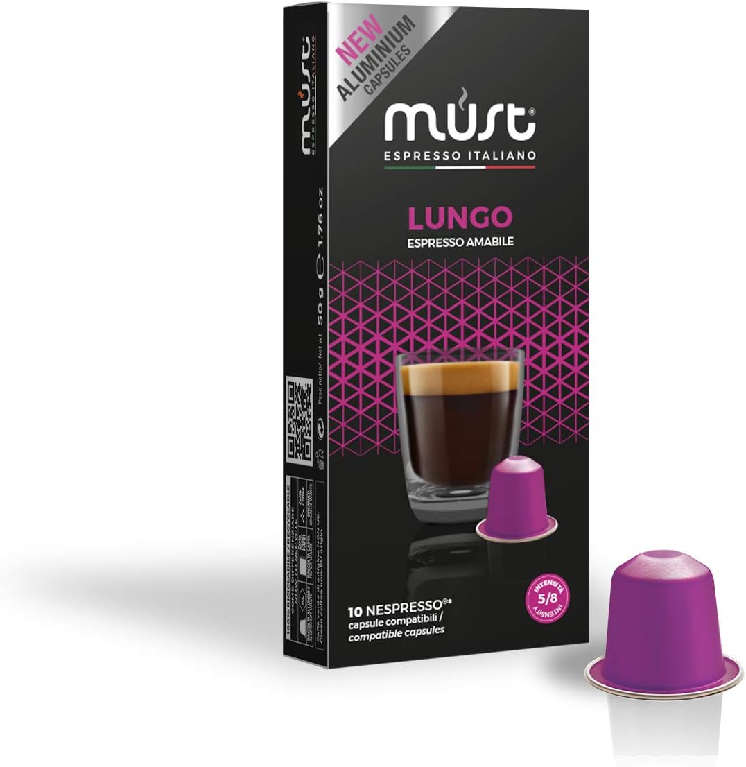 MUST, 100 Coffee Capsules in 100% Recyclable Aluminum, Lungo Blend Intensity 5/8, 10 Packs of 10 Capsules, Compatible with Nespresso Machine, Made in Italy