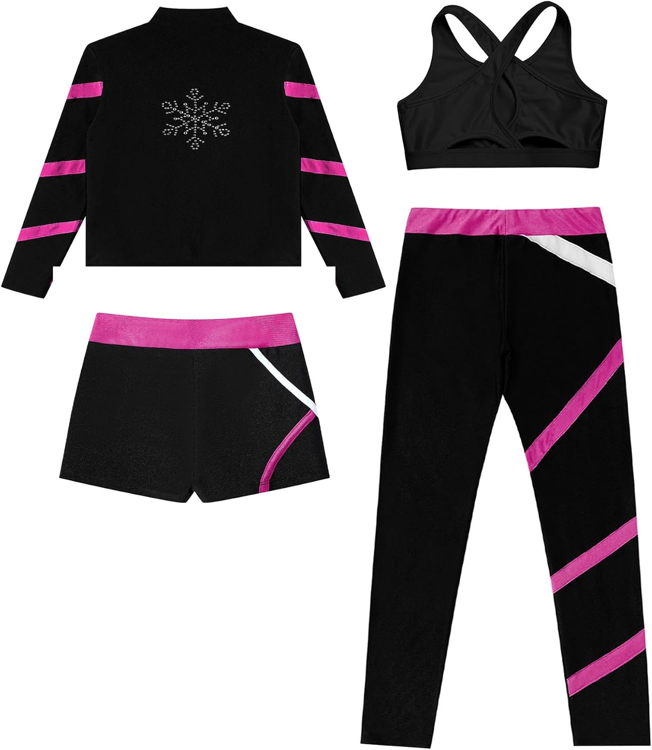 Kids Girls Dance Outfits Long Sleeve Fleece Sport Jacket Dance Crop Top Figure Skating Tights and Short