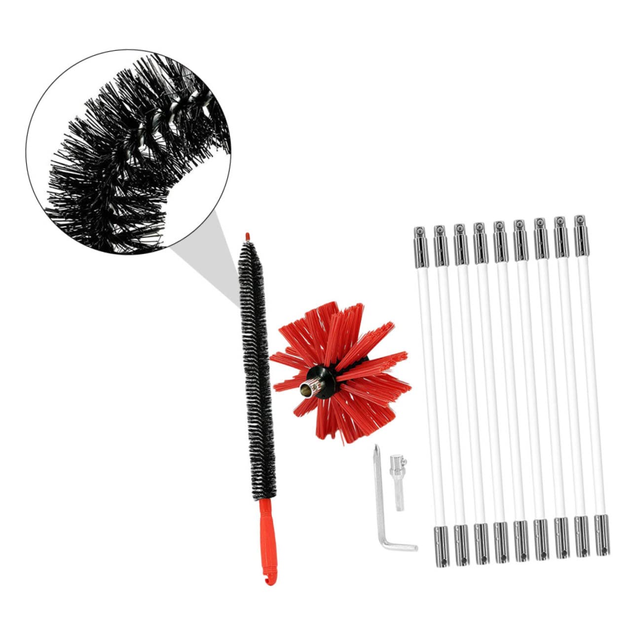 Kit Spazzola per Pulizia Stufa Flessibile in Nylon 9 Aste Estensibili per Canna Fumaria e Tubo Asciugatrice Installazione Rapida