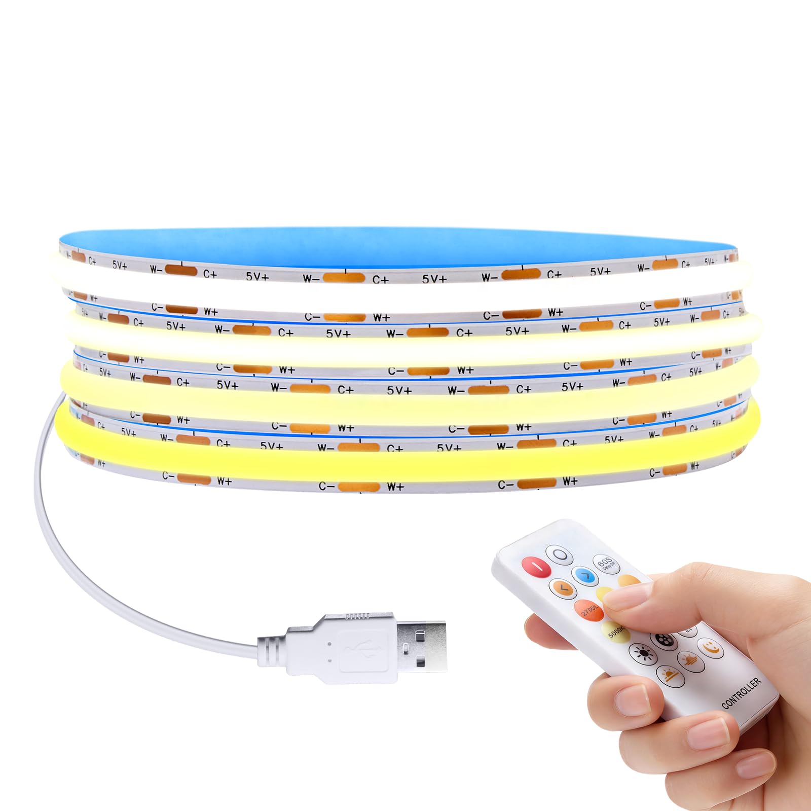 LRGBST 5V USB 2M 2700K Warmwhite-6500K White Dimmable CCT COB Strip Light with Remote Contronl Kit for Cabinet Wardrobe Acoustic Panel Lighting