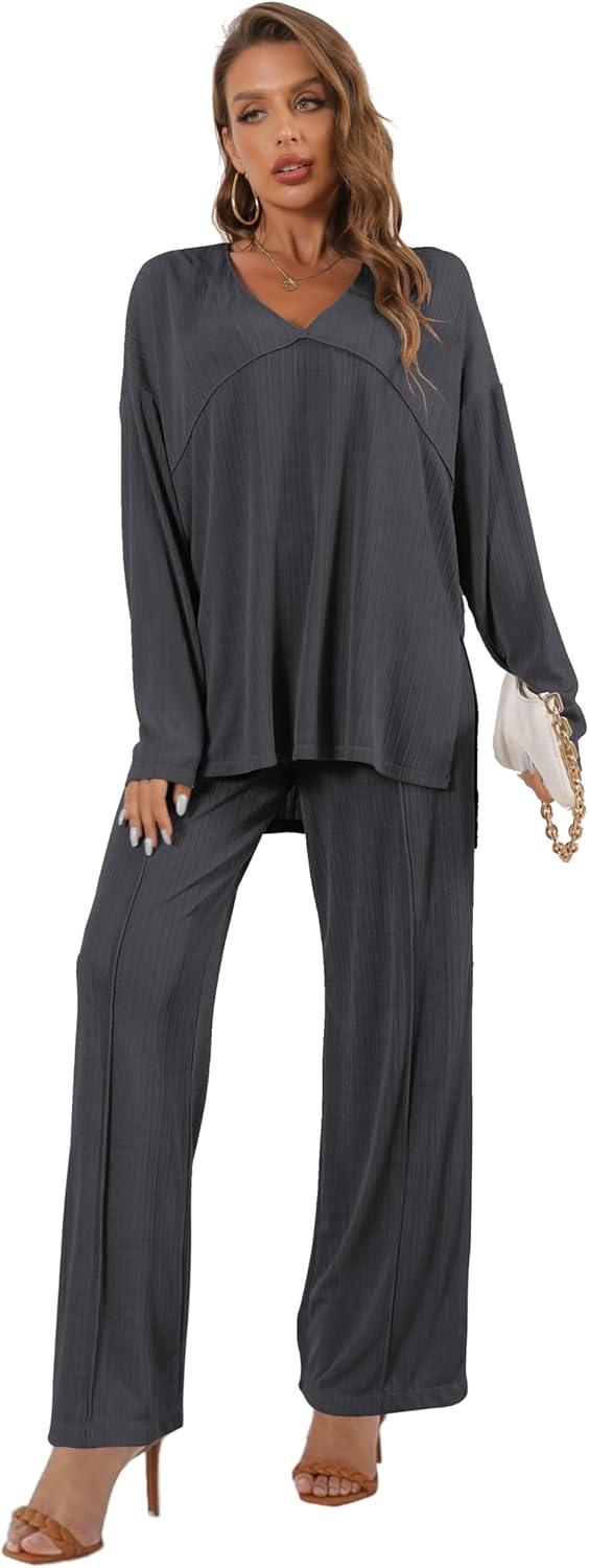 Women's 2 Piece Lounge Set V Neck Casual Ribbed Knit Pajama Set Wide leg pants Pajama Set - Image 3