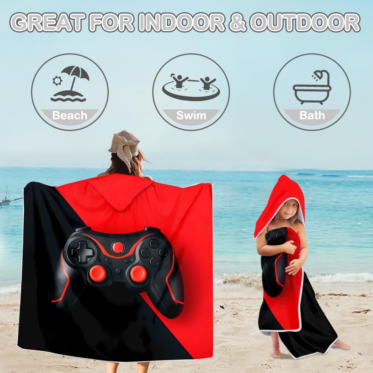 Sleepwish Trippy Gamer Design Hooded Beach Bath Towel, Gaming Print Beach Towel with Hood, Black Red Pattern Hooded Towel Wrap for Boys Girls Kids Teenages (Adults, 1 Piece)