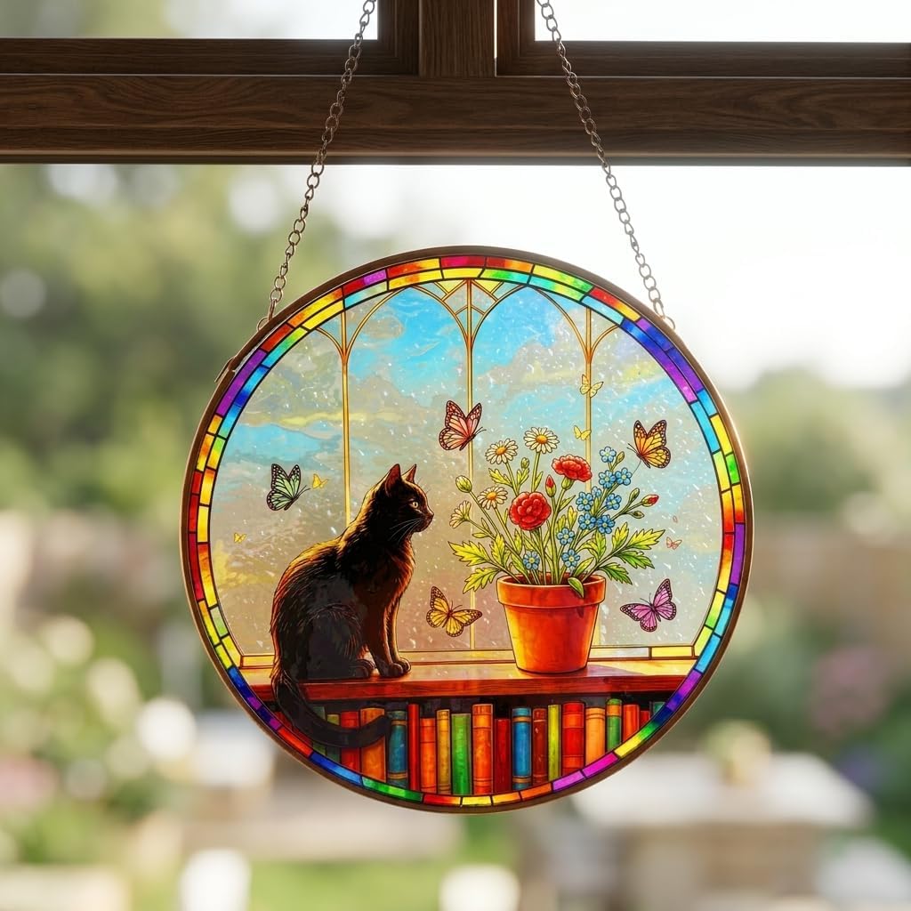 Stained Glass Black Cat Bookshelf Suncatcher, Animal Window Hanging, Flower Pot Sun Catcher with Butterfly Design, Colorful Home Decoration for Cat Lovers, Gift for Women Men, 8inches Sun Catcher