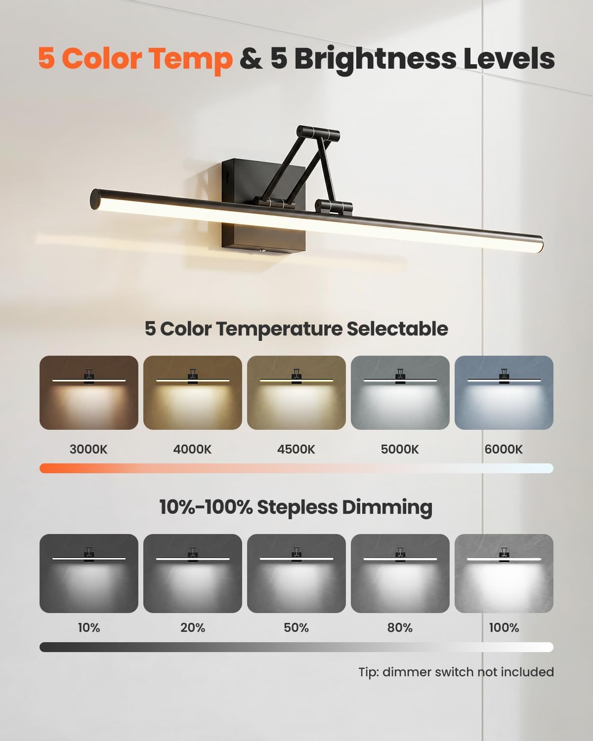 Black Bathroom Vanity Light Fixtures, Morden Vanity Lights with LED Lighting Bar, 5CCT&Dimmable Wall Sconce Lamp,16IN Rotatable Bathroom Light Fixture Over Small Mirror For Restroom Bedroom-ETL