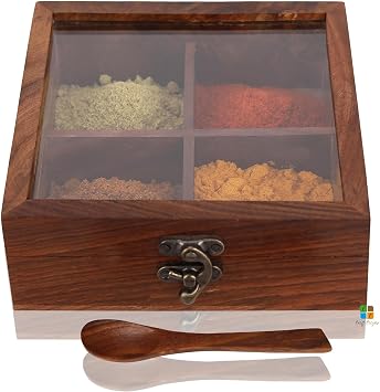 Wooden Spice Box for Kitchen | Compartment Masala Organizer with Lid | Traditional Indian Masala Dabba 15X15X15