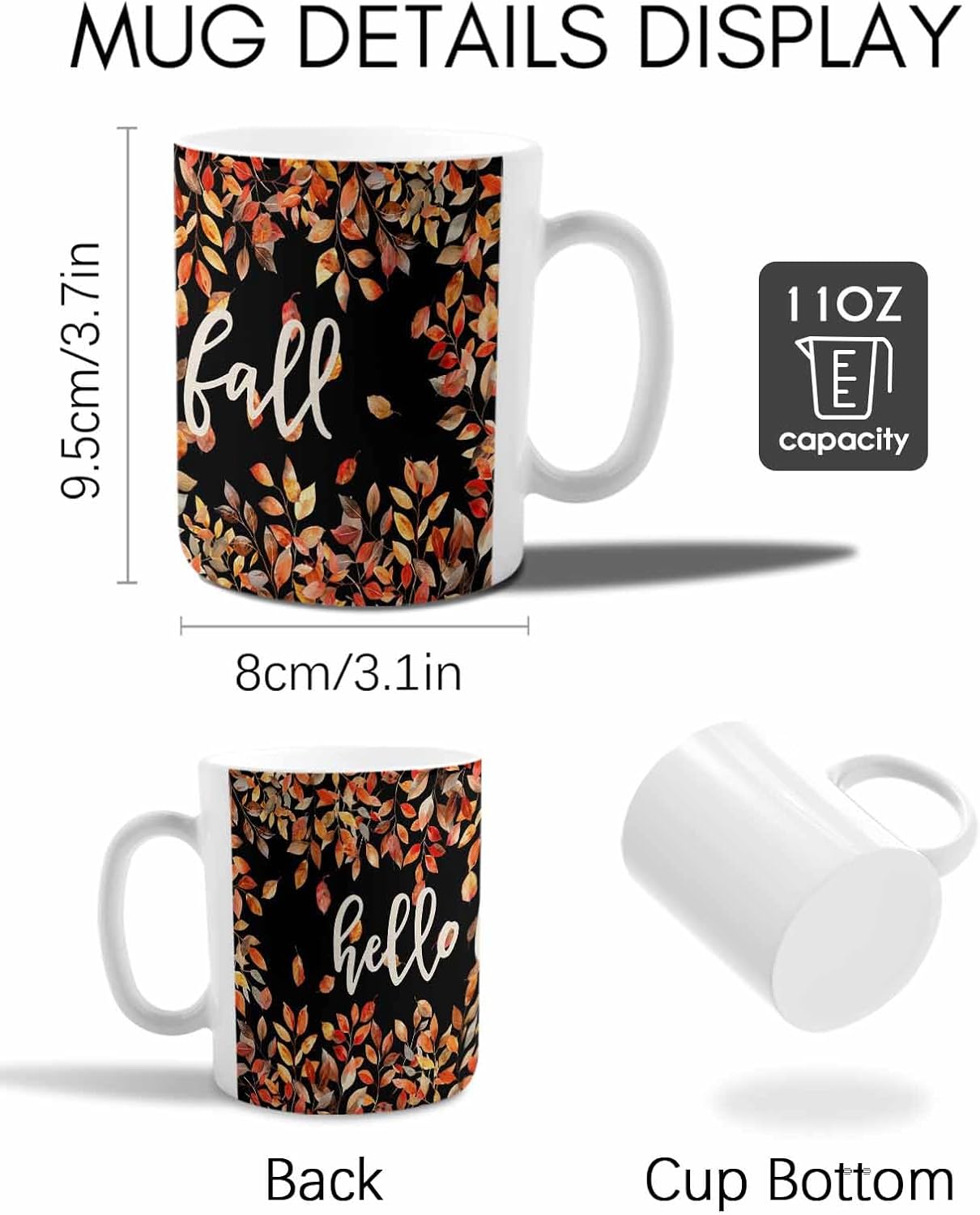 BEMIGO Ceramic Coffee Mug Vintage Maple Leaves Ceramic Mug White Cup, Fall Autumn Harvest Insulated Coffee Cup with Handle with Pattern Perfect for Tea and Hot Beverages, 12oz