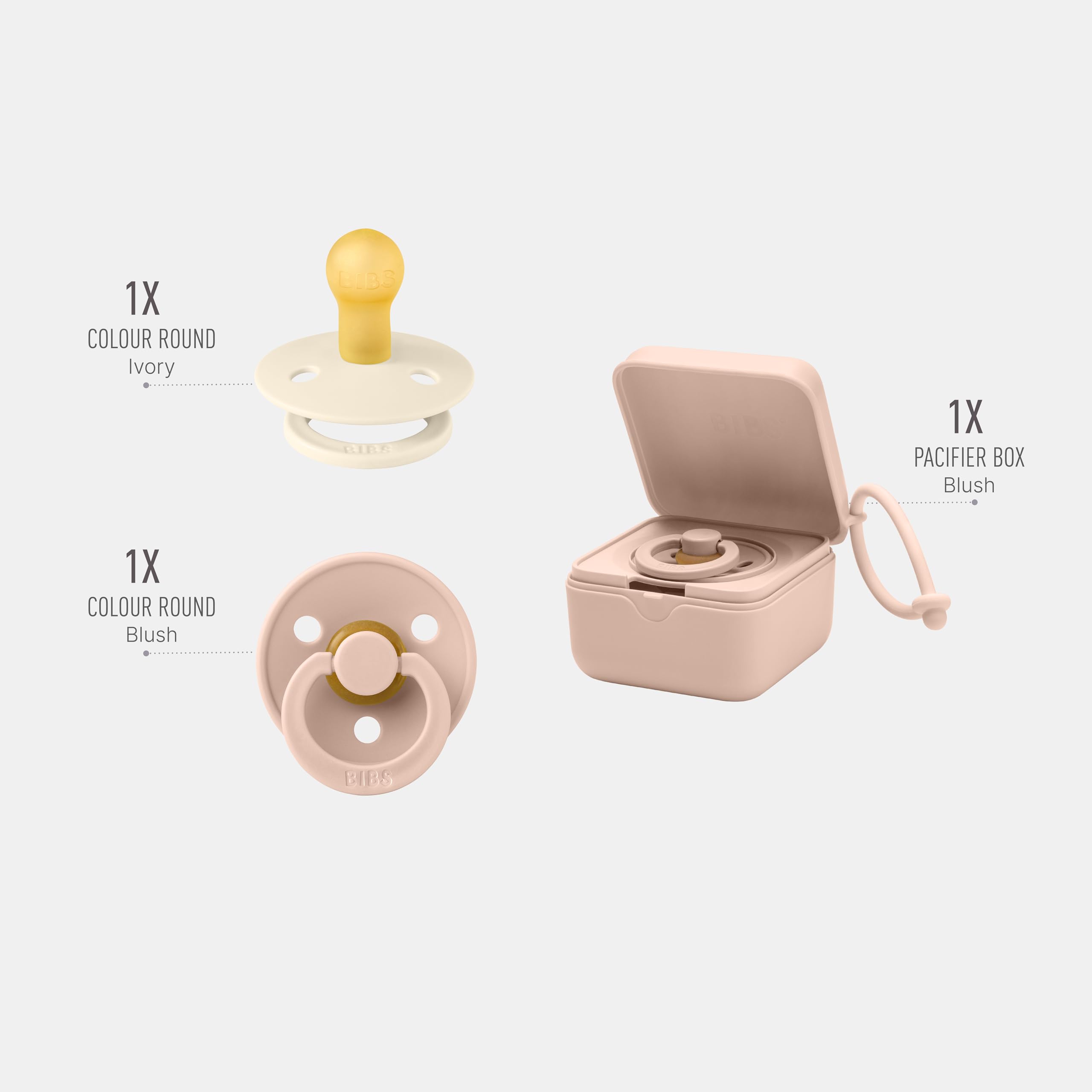 BIBS Schnullerbox Bundle - Bunte Schnuller, Runder Naturkautschuk-Sauger und Sterilisierbox - Komplettes Set für Glückliche Babys, Größe 1 (0-6 Monate), Blush