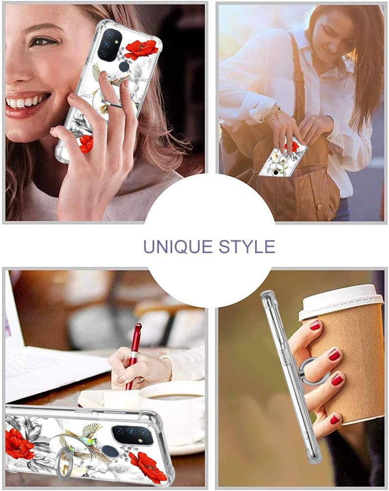 OOK Designed for Oneplus Nord N100 5G Case Red Flower Floral Blossom Brid Design with Ring Holder Kickstand for Women Girls Protective Shockproof Slim TPU Phone Bumper Cover Finger Stand Grip 6.52"