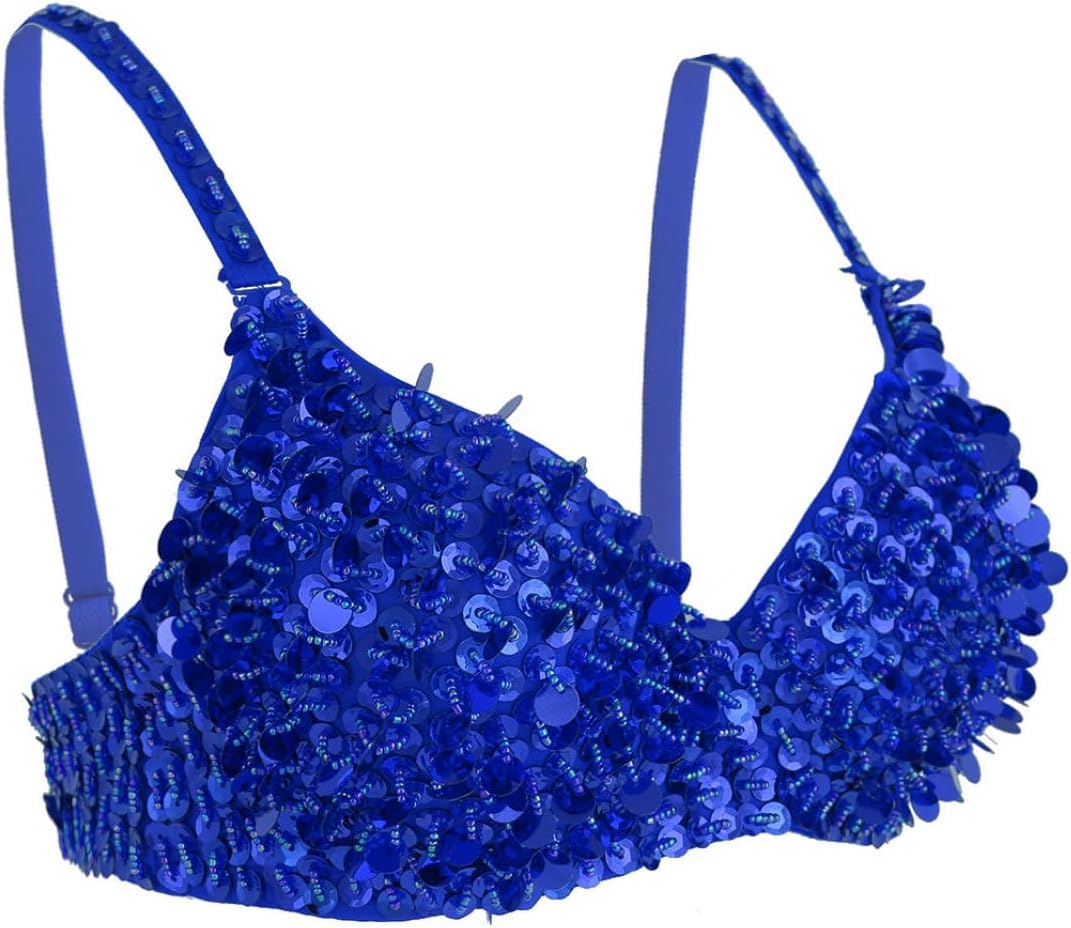 Linjinx Womens Sparkle Sequins Beading Padded Bra Belly Dance Crop Top Rave Party Performance Costume