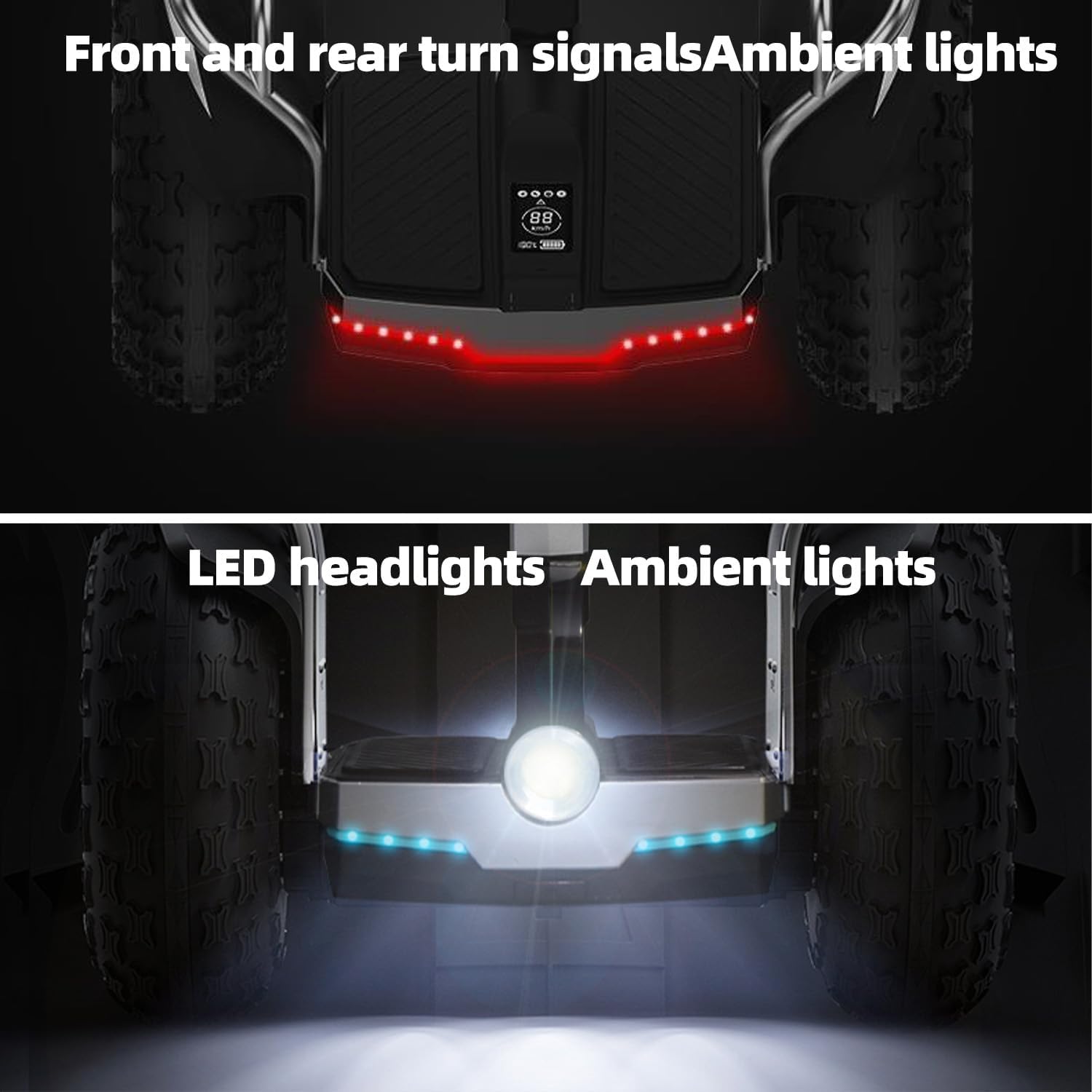 Top image shows the scooter's rear with illuminated red turn signals and ambient lights. Bottom image shows the scooter's front with illuminated white LED headlights and blue ambient lights.
