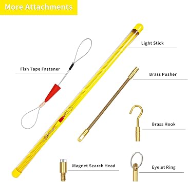 50' Fiberglass Cable Wire Running Rod Coaxial Electrical Connectable Fish Tape Pull Kit with Hook and Hole Kit in Transparent Tube, Yellow