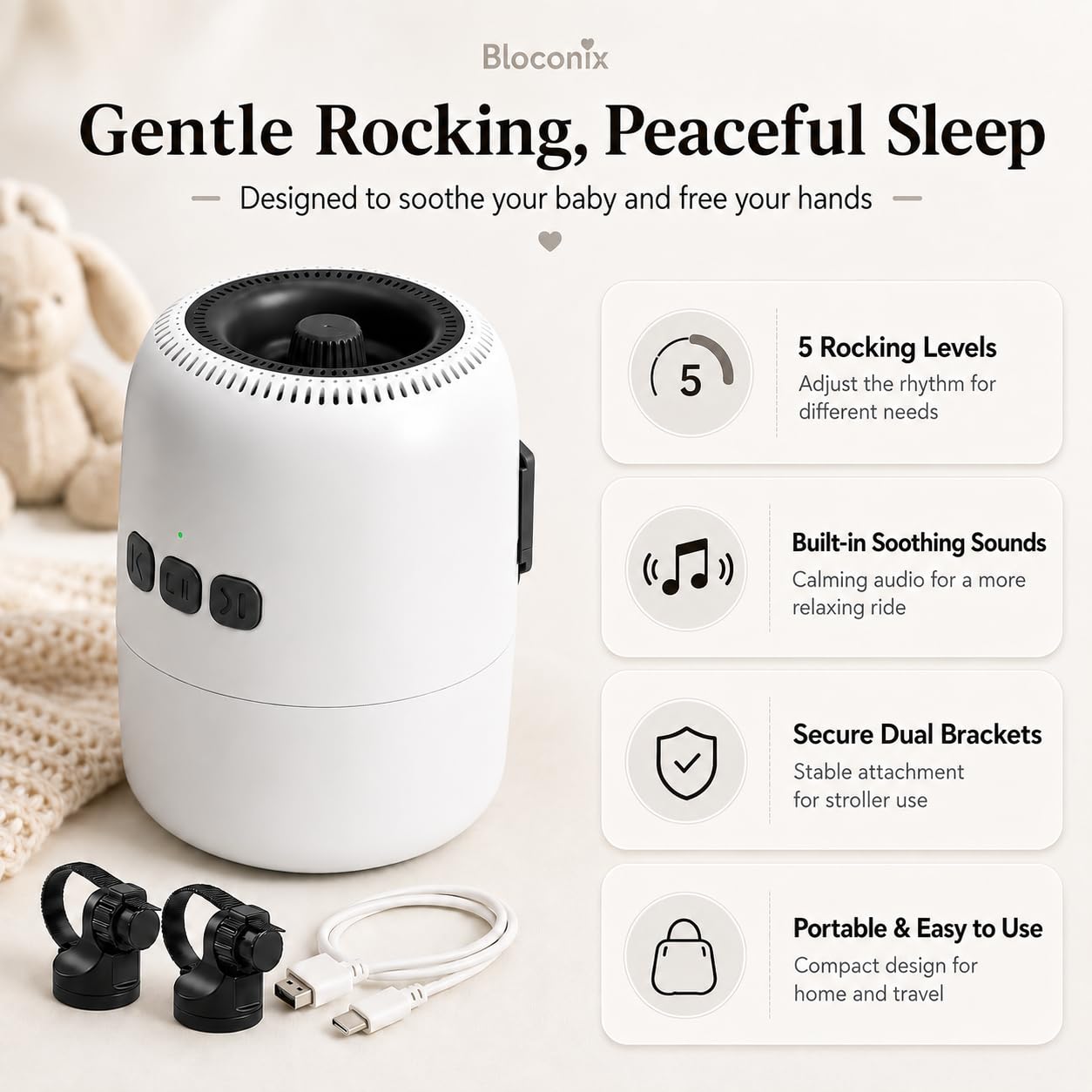 Baby Rocker Rechargeable, Bercement Poussette avec 5 Niveaux d’Oscillation et Bruit Blanc - Réglable, Ultra-Silencieux, USB-C, 2 Supports Universels pour Toutes les Poussettes (Blanc)