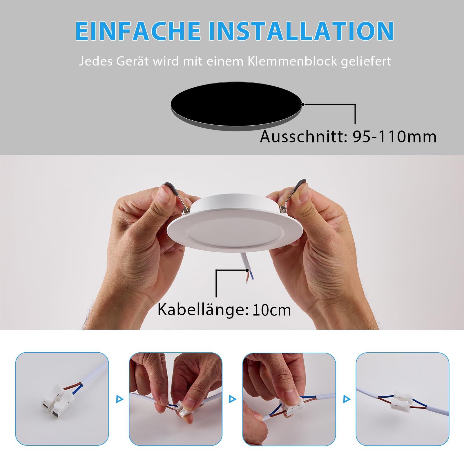 20 Stück LED Einbaustrahler 230V IP44 7W 3CCT 630lm Ausschnitt Ø95-110mm | Grebeam LED Einbaustrahler 110mm Ultra Slim Einbautiefe 30mm Warmweiß/Neutralweiß/Kaltweiß für Badezimmer Schlafzimmer
