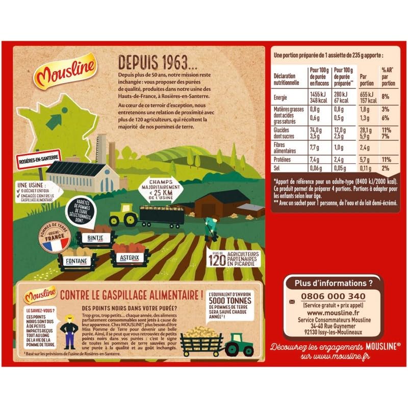 Mousline Purée Nature - Format Individuel 125g (4 sachets x 31.25g) - Purée Instantanée Pratique - Idéale Pour une Personne - Le Lot De 4