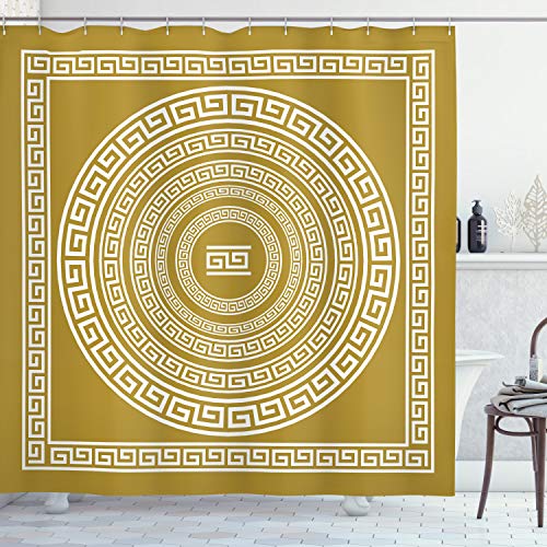 ABAKUHAUS Geometric Shower Curtain, Neo Classical Concept Boho Antique Look Lines and Rounds Square Print Monochrome