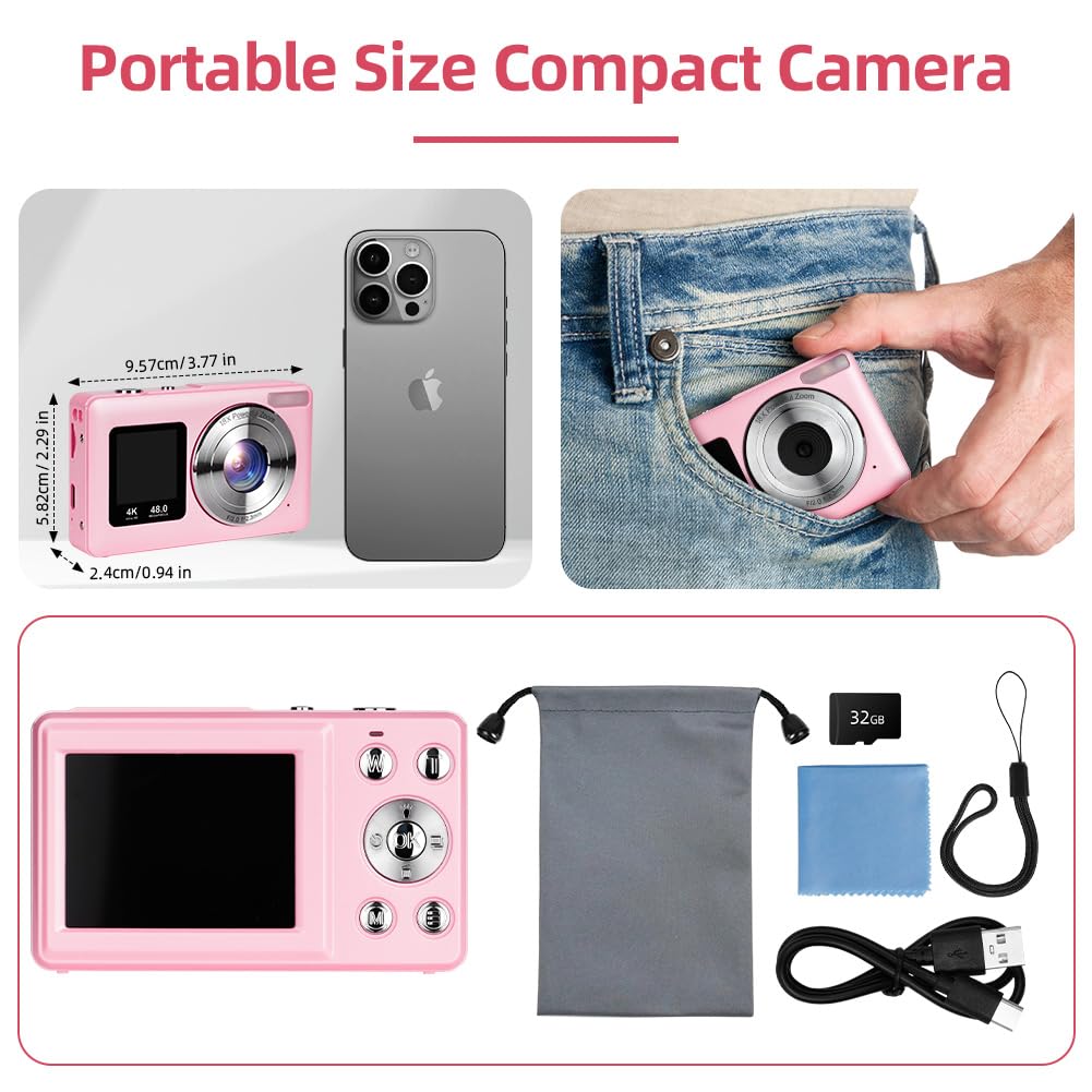 Ainiv Macchina Fotografica, 4K Fotocamera Digitale, 48MP Ricaricabile Macchina Fotografica Compatta con 32G TF Card, 18X Zoom, 2.4" + 1.3" Doppio Schermo per Bambini, Adolescenti e Principianti Rosa