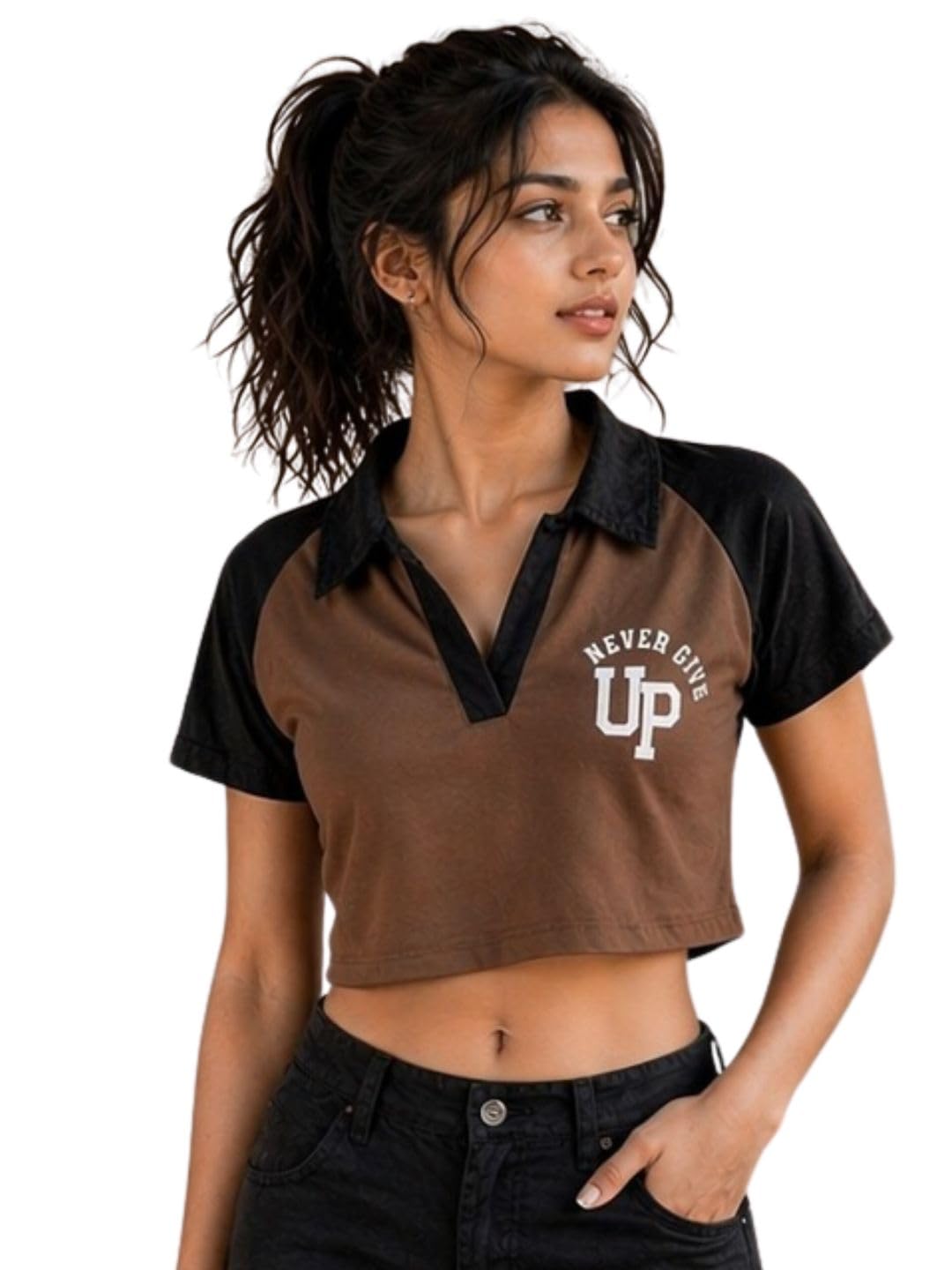 Women Brown Black Crop Polo T Shirt Stylish Casual Slim Fit Collar Top Trendy-image-46