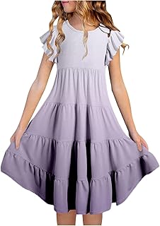 Vestido de verano para niña, vestido de verano para niña, con degradado, cuello redondo, mangas con volteo, vestido informal de línea A, transpirable, cómodo, juguetón, para niños