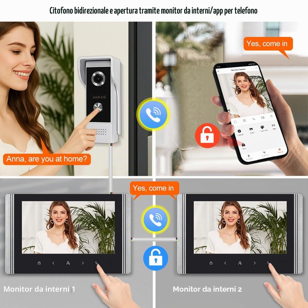 Sistema di Videocitofono Wi-Fi 1080P HD Telecamera con 2 Monitor, Videocamera con Schermo IPS da 7 Pollici per la Casa, Visione Notturna a IR, Registrazione, Sblocco APP Tuya