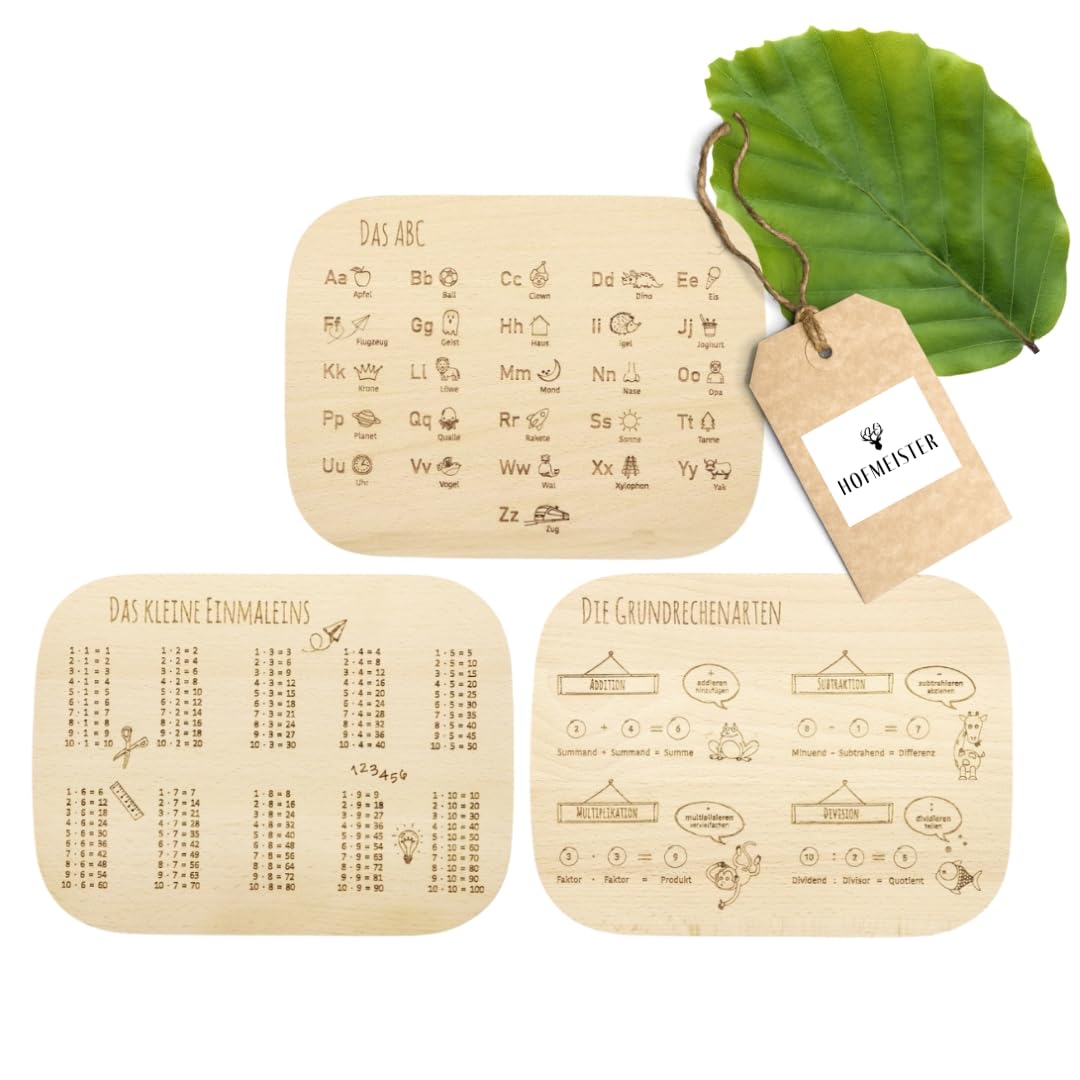 HOFMEISTER® 3er-Lernbrettchen-Set (ABC + 1×1 + Rechnen) Buche 24 × 18 cm – Frühstücksbrett für Kinder mit Lernmotiv (1 Stück)