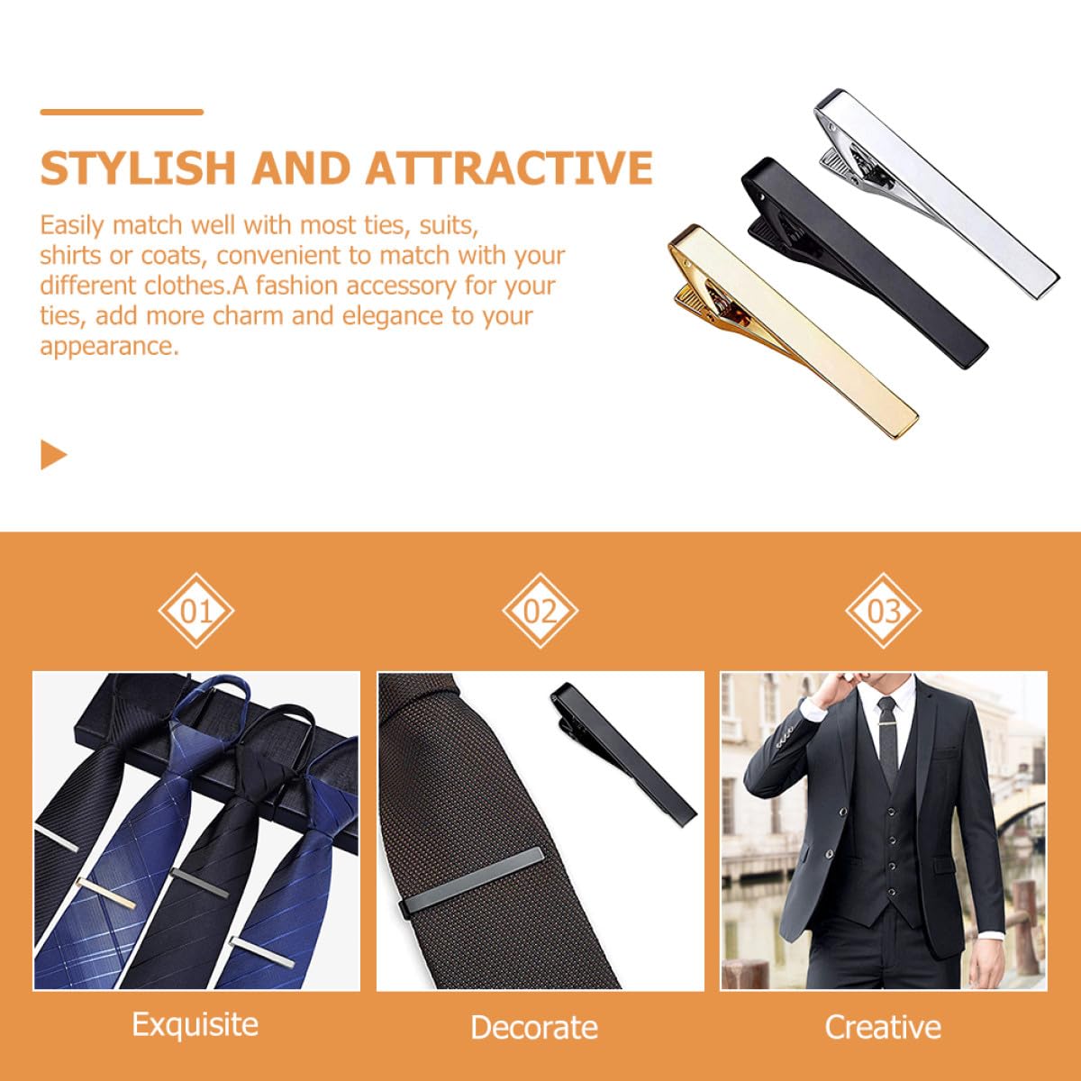 Angoily 3 Stück pack Klassische Krawattenklammern aus Kupfer für Herren Modisches Accessoire in Silber Gold und Schwarz Geeignet für Partys und Weihnachten