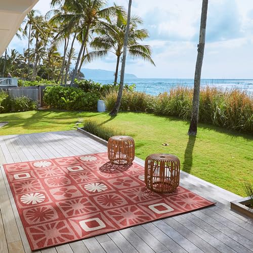 Gertmenian Indoor/Outdoor Kona Coast by Reyn Spooner Rug - 9x13 Extra Large, Stain & UV Resistant, Ideal for Deck, Patio, Poolside Rooms - Hawaii Abstract Tile, Red, 46666