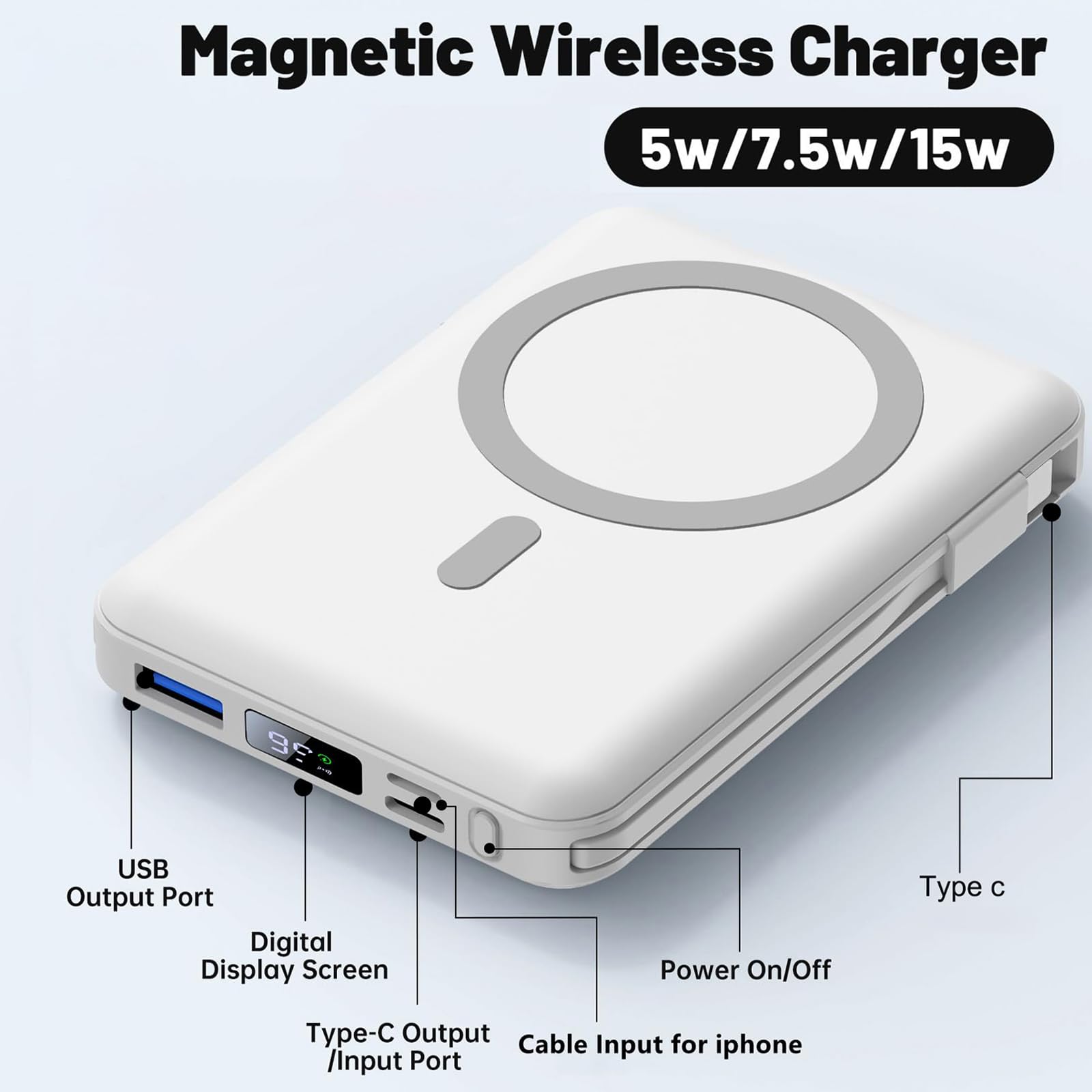 Yiisonger per Magsafe Powerbank 10000mAh, Caricatore Portatile Magnetico Wireless 22,5W, Ricarica Rapida con Display LED e cavo di ricarica USB-C/Lighting per iPhone 16/15/14/13/12 Pro/Pro Max/Plus