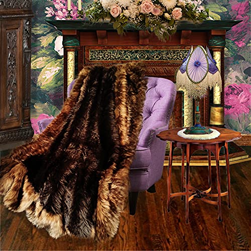 Luxury Fur Throw Blanket Brown Beaver with Coyote Border