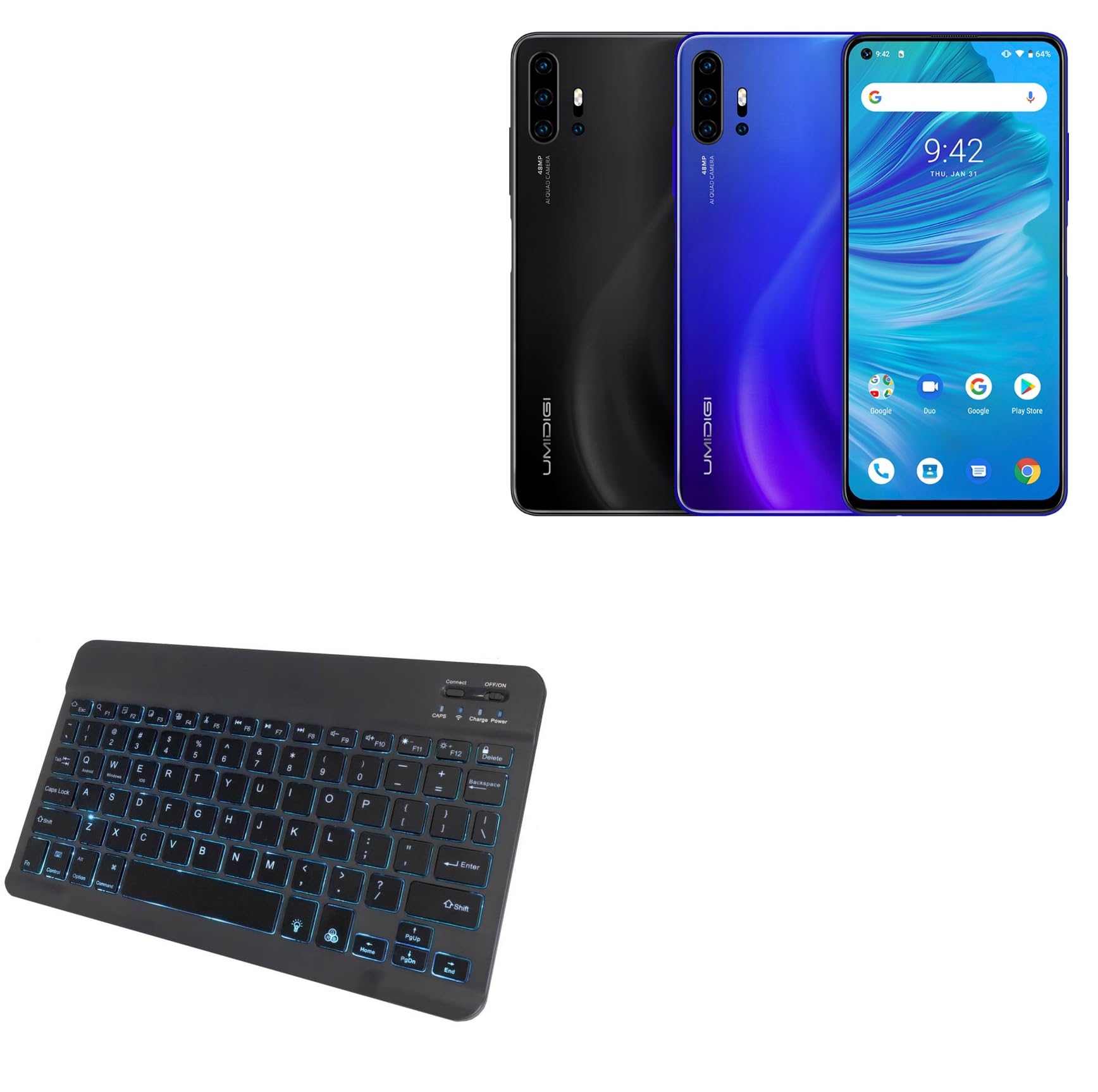 BoxWave Keyboard Compatible with Umidigi F2 - SlimKeys Bluetooth Keyboard - with Backlight, Portable Slim LED 7 Colors - Jet Black