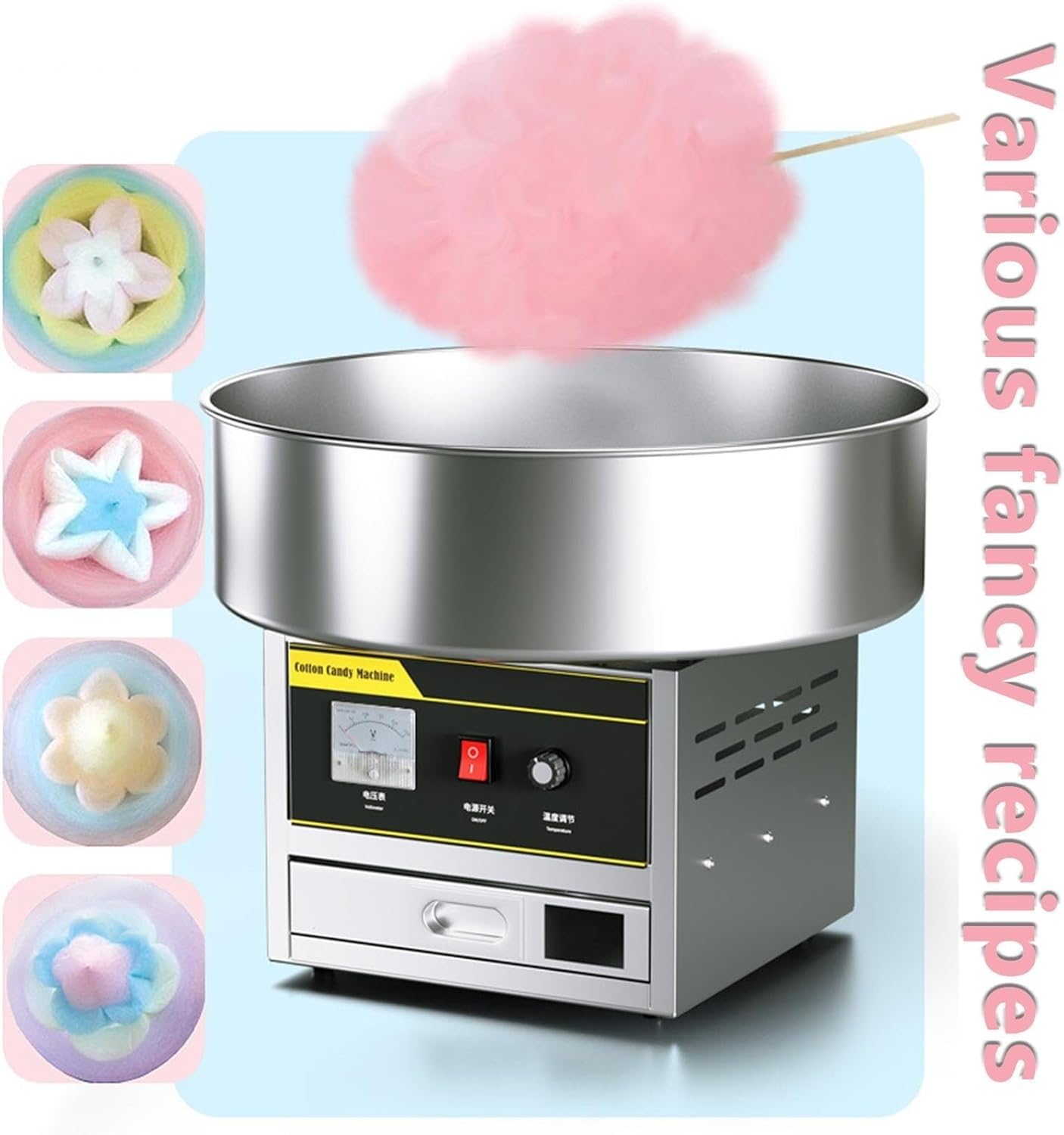 Commercial Cotton Candy Machine, Stainless Steel Candy Floss Maker with Stainless Steel Bowl, Sugar Scoop
