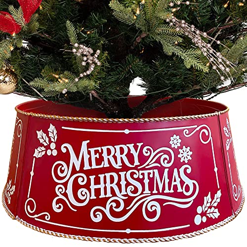 Auirre Metal Christmas Tree Collar, 3D Letter Snowflake Tree Ring Holiday Decor 30 Inch Dia For Large Xmas Tree, Merry Christmas Poinsettia Artificial Tree Skirt Home Indoor Outdoor Farmhouse Decor #TOP13