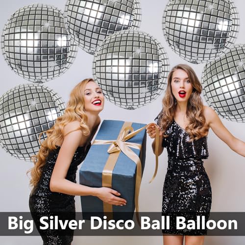 Image of 6-Pack 22 Inch Silver 4D Disco Ball Balloons - Decorations for 90s Dancing Queen Party