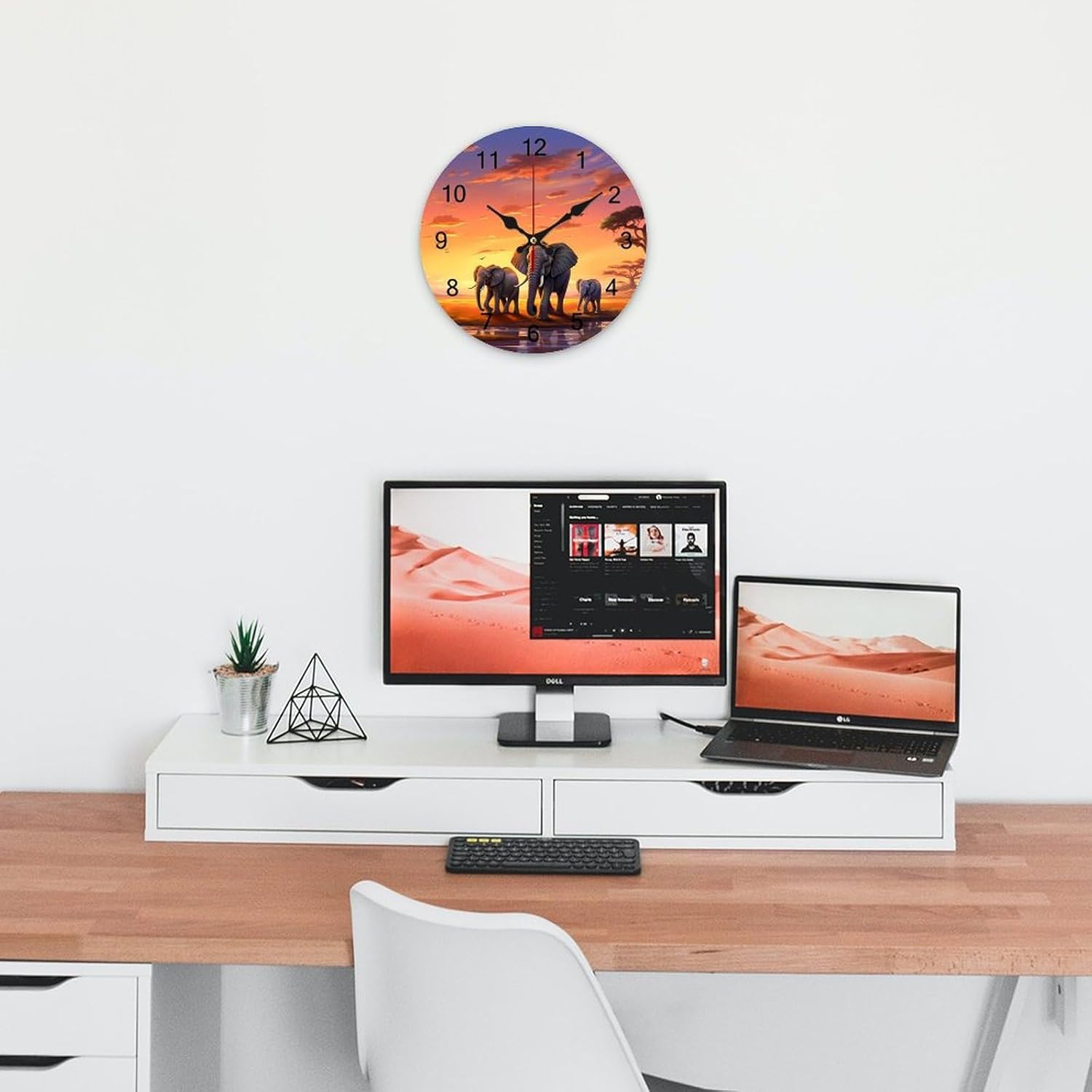 African Elephant Family in Sunset Wall Clock Silent Non-Ticking Round Wooden Clock Easy to Read for Home Living Room Office Decoration