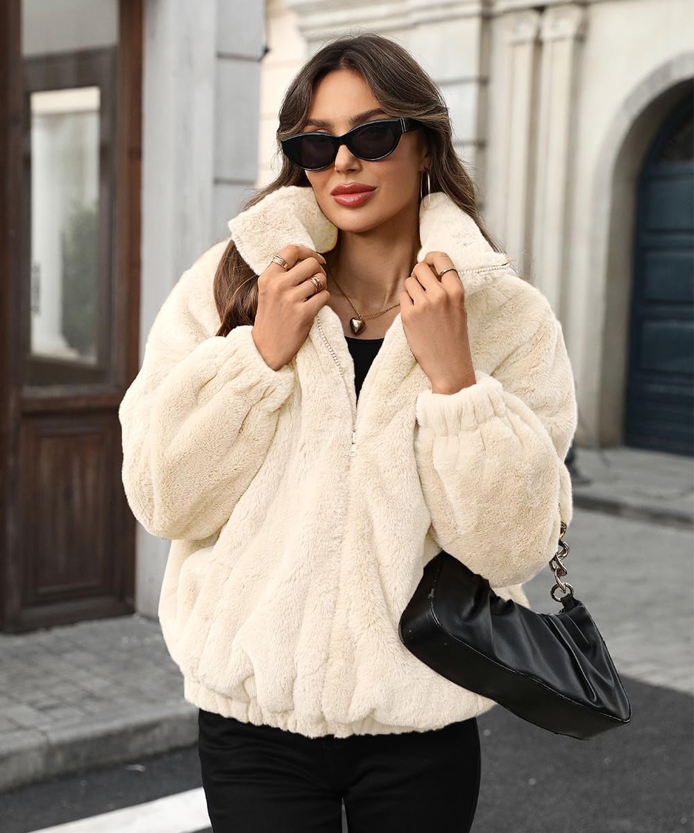 Women's Faux Fur Lapel Fashion Short Fluffy Zip Up Jackets Fall Winter Cropped Warm Coat