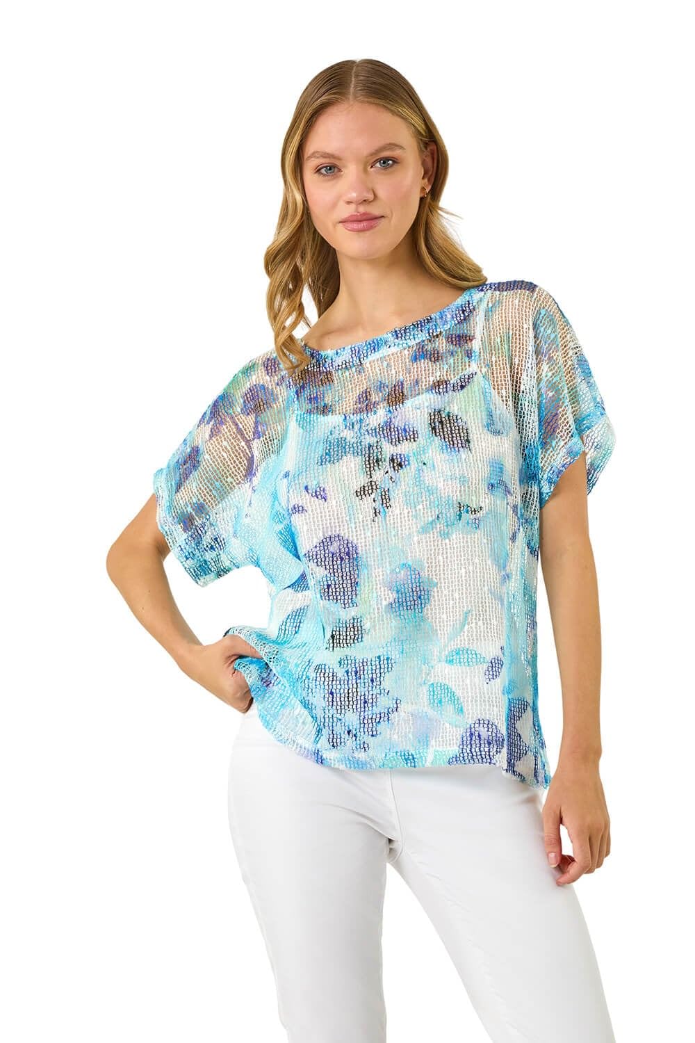 Roman Women's Floral Mesh Overlay T-Shirt in Blue | Size: 16