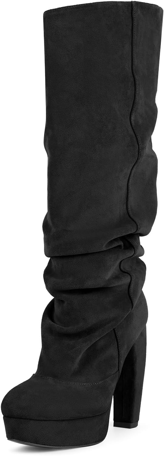 Women's Slouchy Knee High Platform Boots Chunky Block Heel Faux Suede Dress Boot Pull-On Casual Party Wear