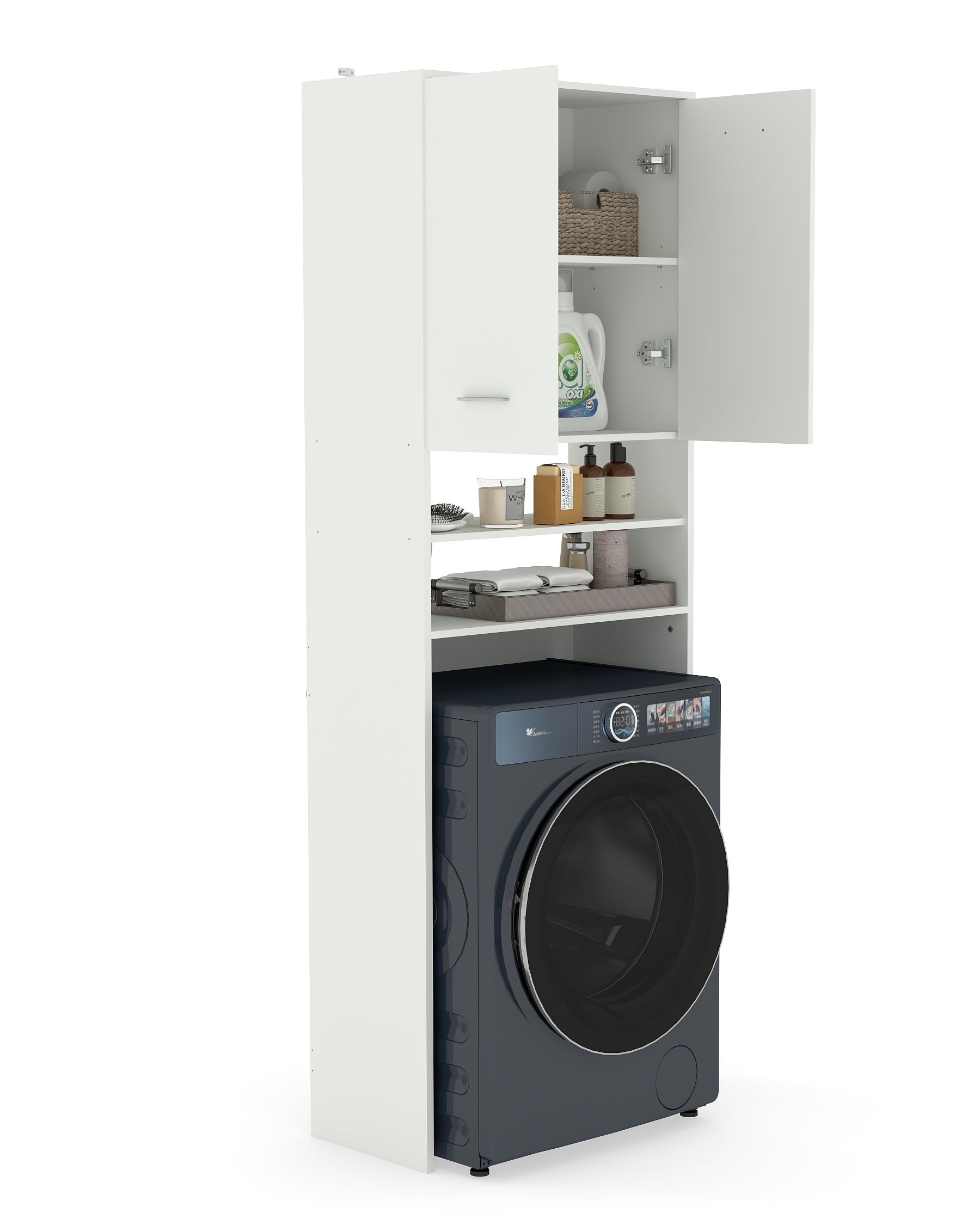 Waschmaschinenschrank mit Türen 64×30×179.5cm Waschmaschinenregal Bathroom Cabinet Badschrank Hochschrank Regal über Waschmaschine Weiß